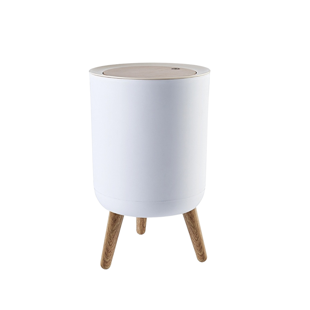 Poubelle sur pied blanche avec couvercle à pression effet bois