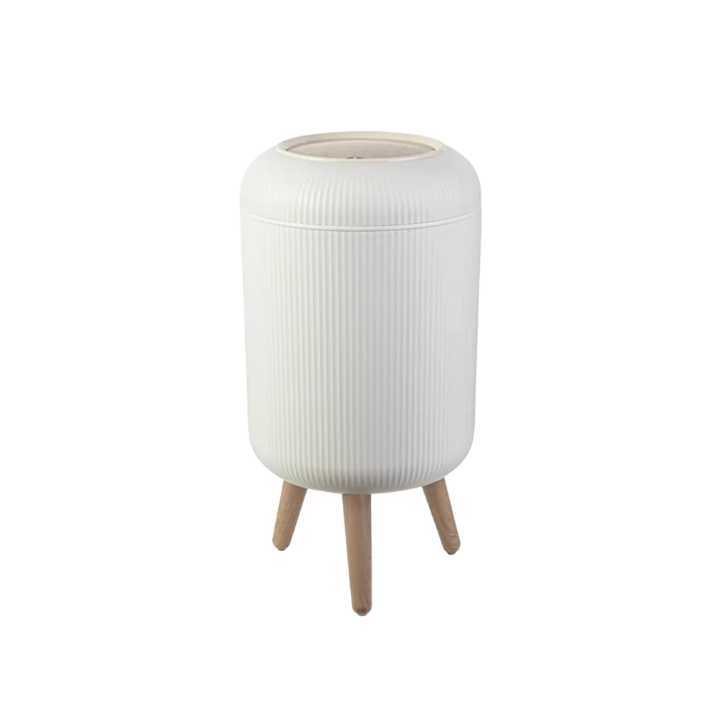 Poubelle sur pied blanche avec couvercle à pression effet bois