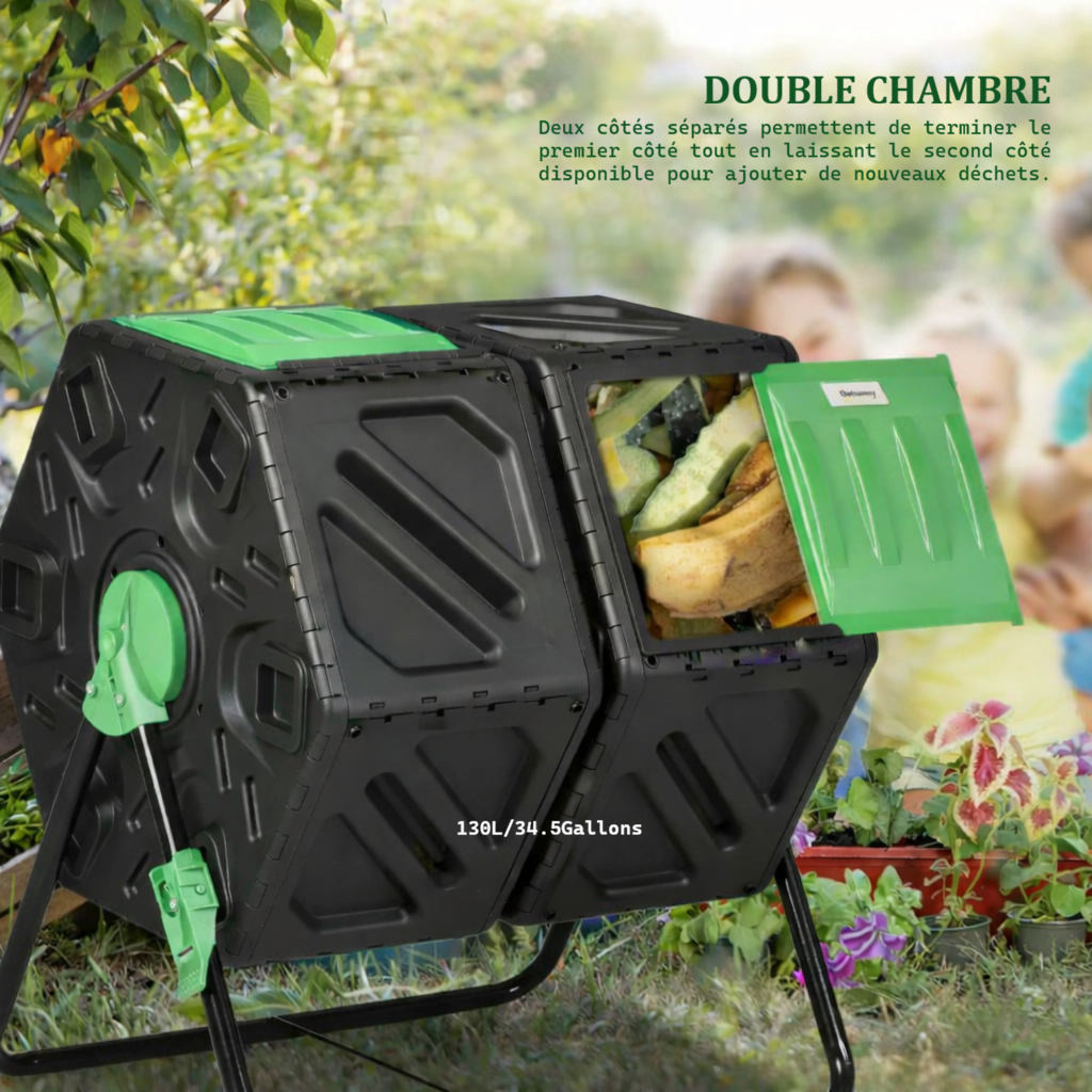 Composteur de jardin rotatif à double chambre 130L