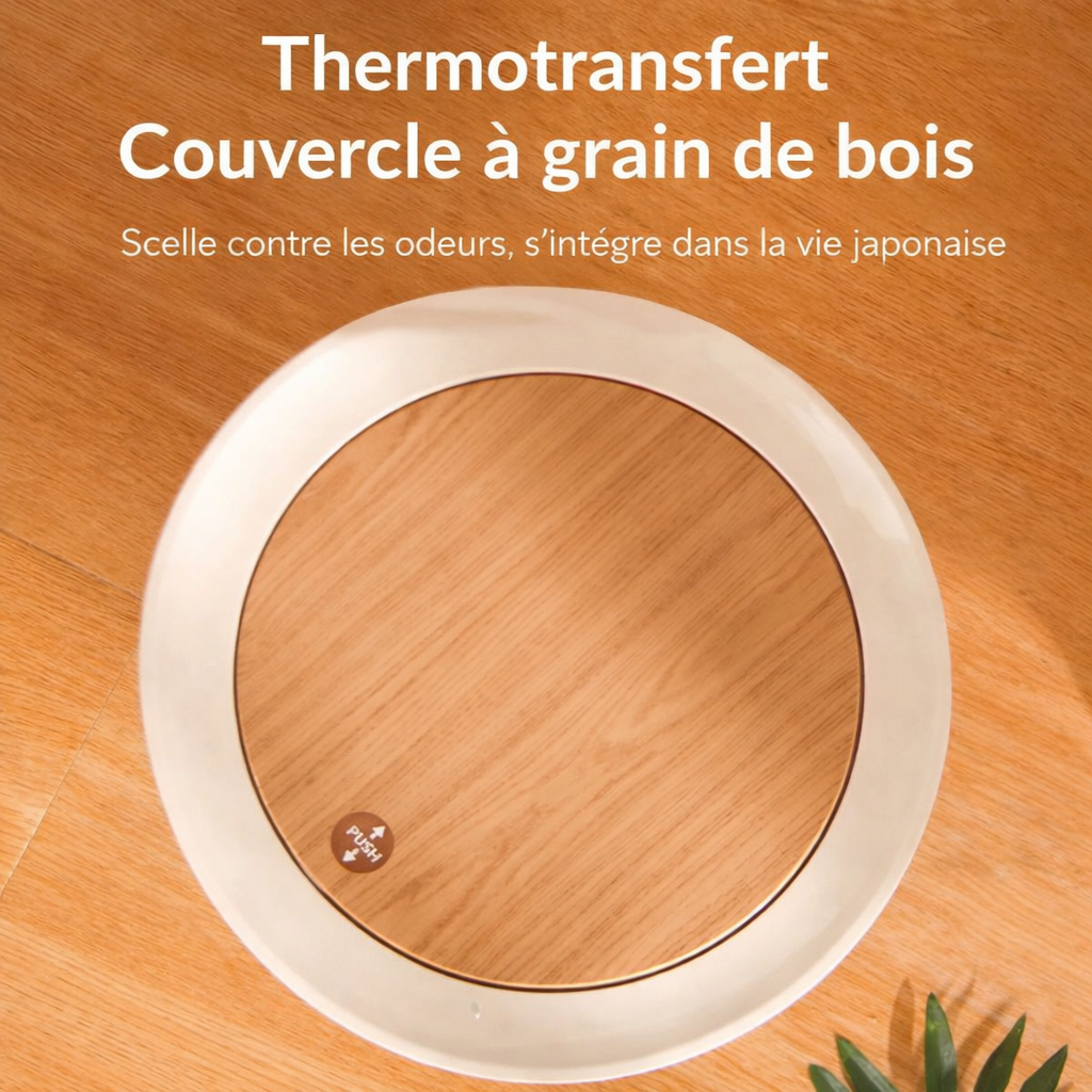 Poubelle sur pied blanche avec couvercle à pression effet bois