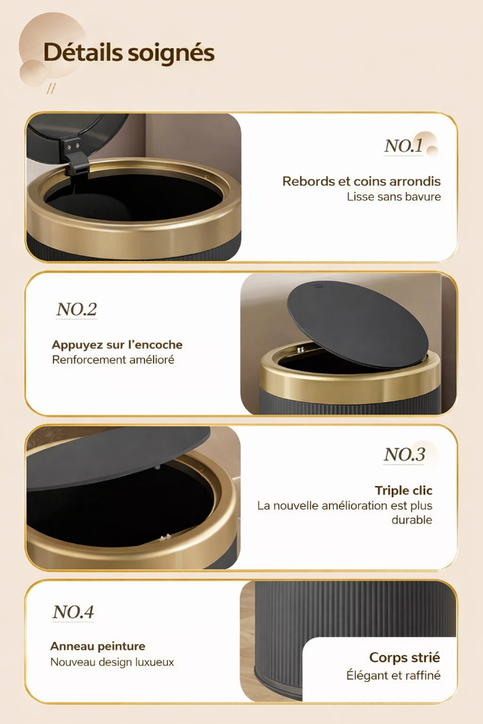 Poubelle design à pression 12L avec seau intérieur amovible