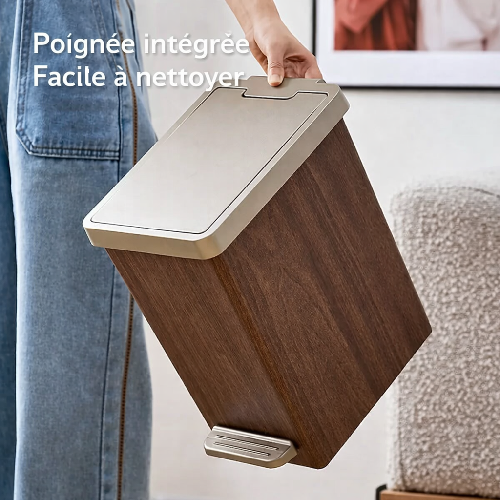 Poubelle design effet bois avec deux modes d’ouverture