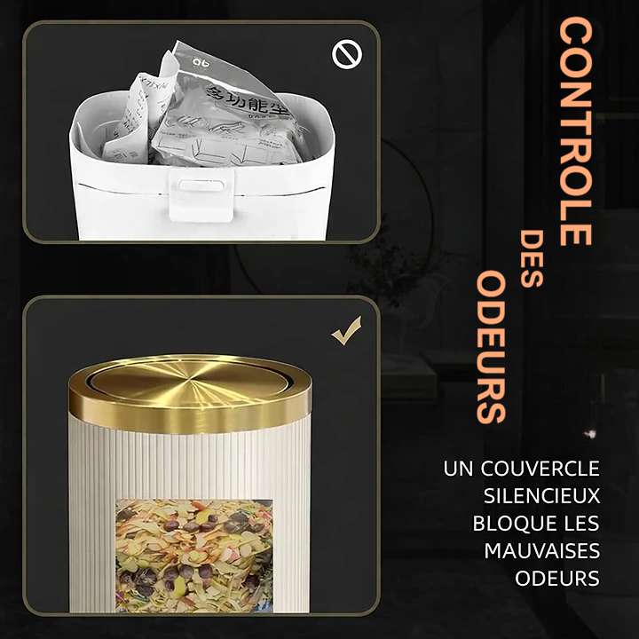 Poubelle ronde design imitation cuir avec couvercle doré