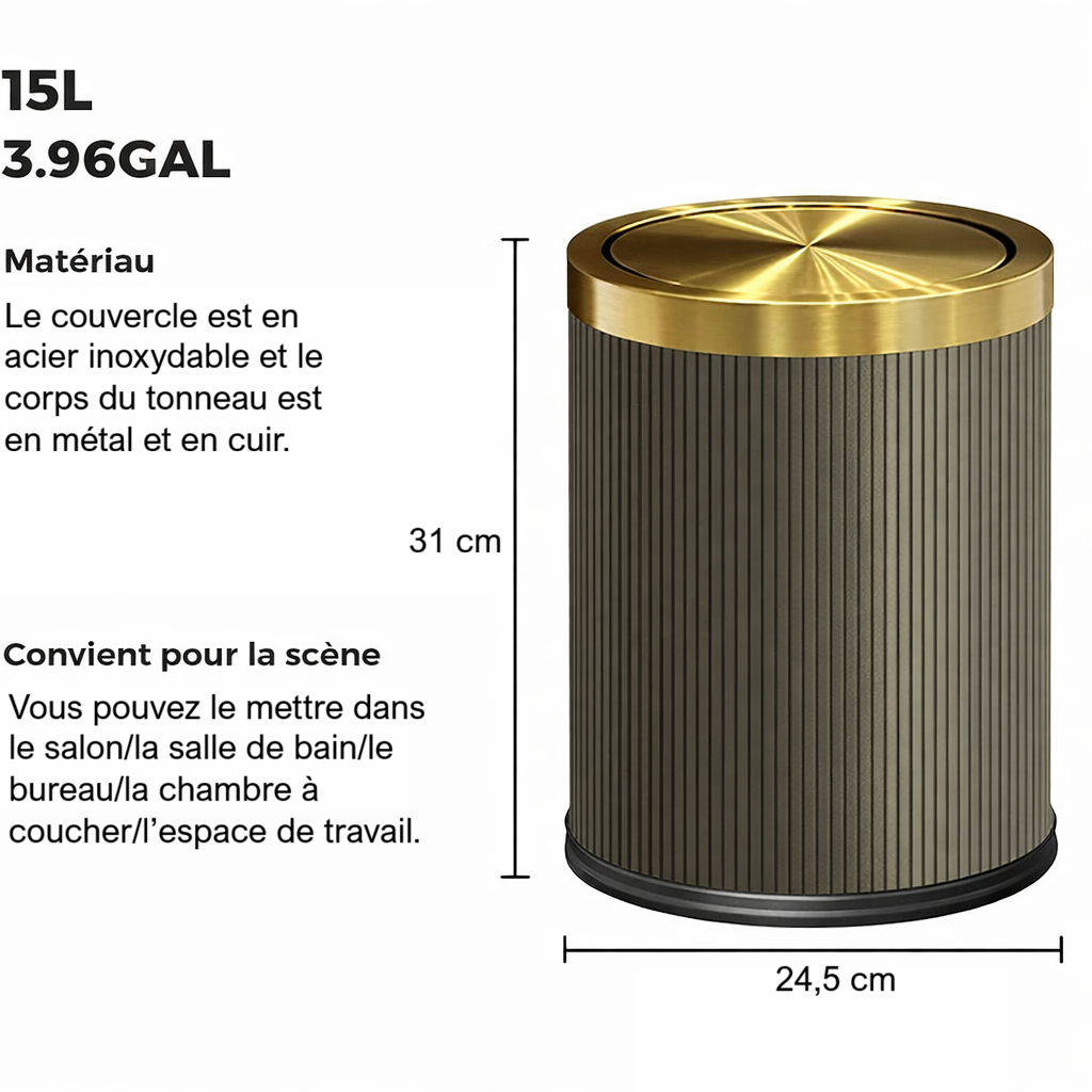 Poubelle ronde design imitation cuir avec couvercle doré