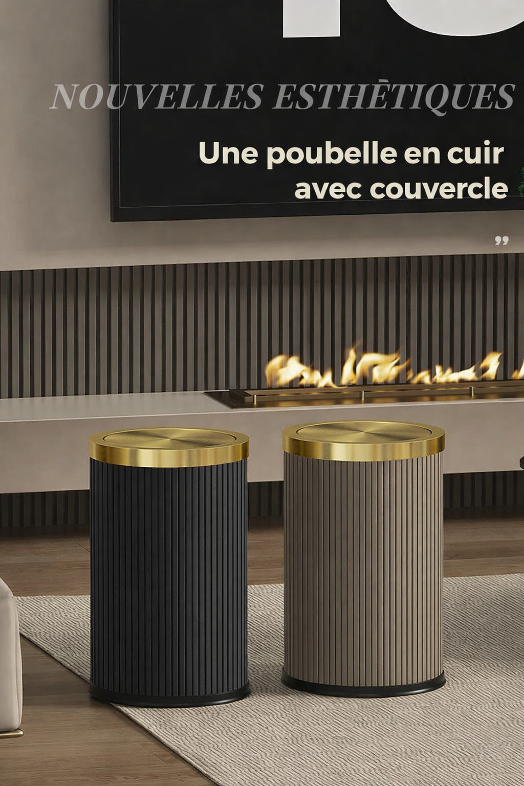 Poubelle ronde design imitation cuir avec couvercle doré