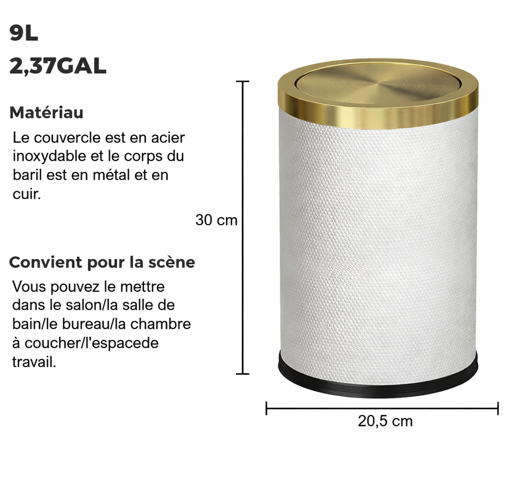 Poubelle ronde design imitation cuir avec couvercle doré