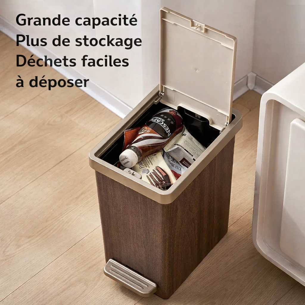 Poubelle design effet bois avec deux modes d’ouverture