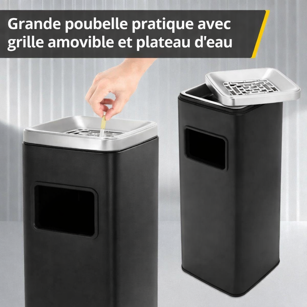 Poubelle carrée design haut en inox avec cendrier intégré