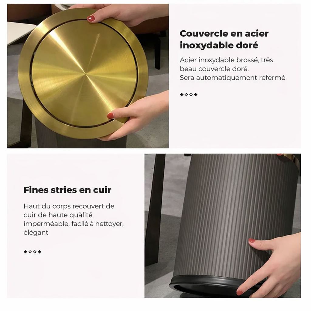Poubelle ronde design imitation cuir avec couvercle doré