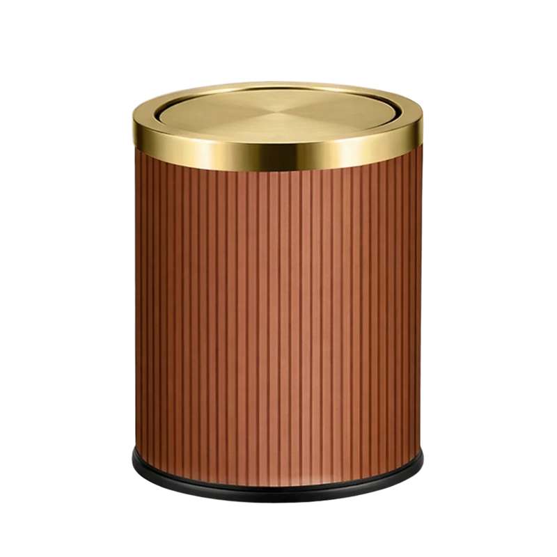 Poubelle ronde design imitation cuir avec couvercle doré