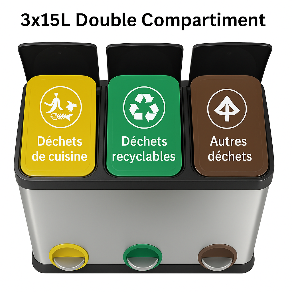 Poubelle de cuisine en inox 3 compartiments
