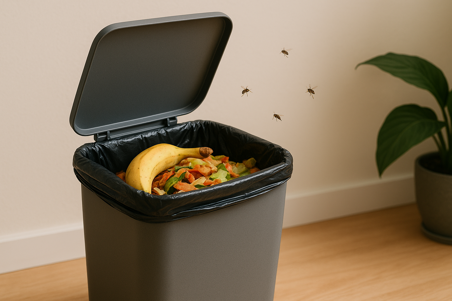 Moucherons près d'une poubelle