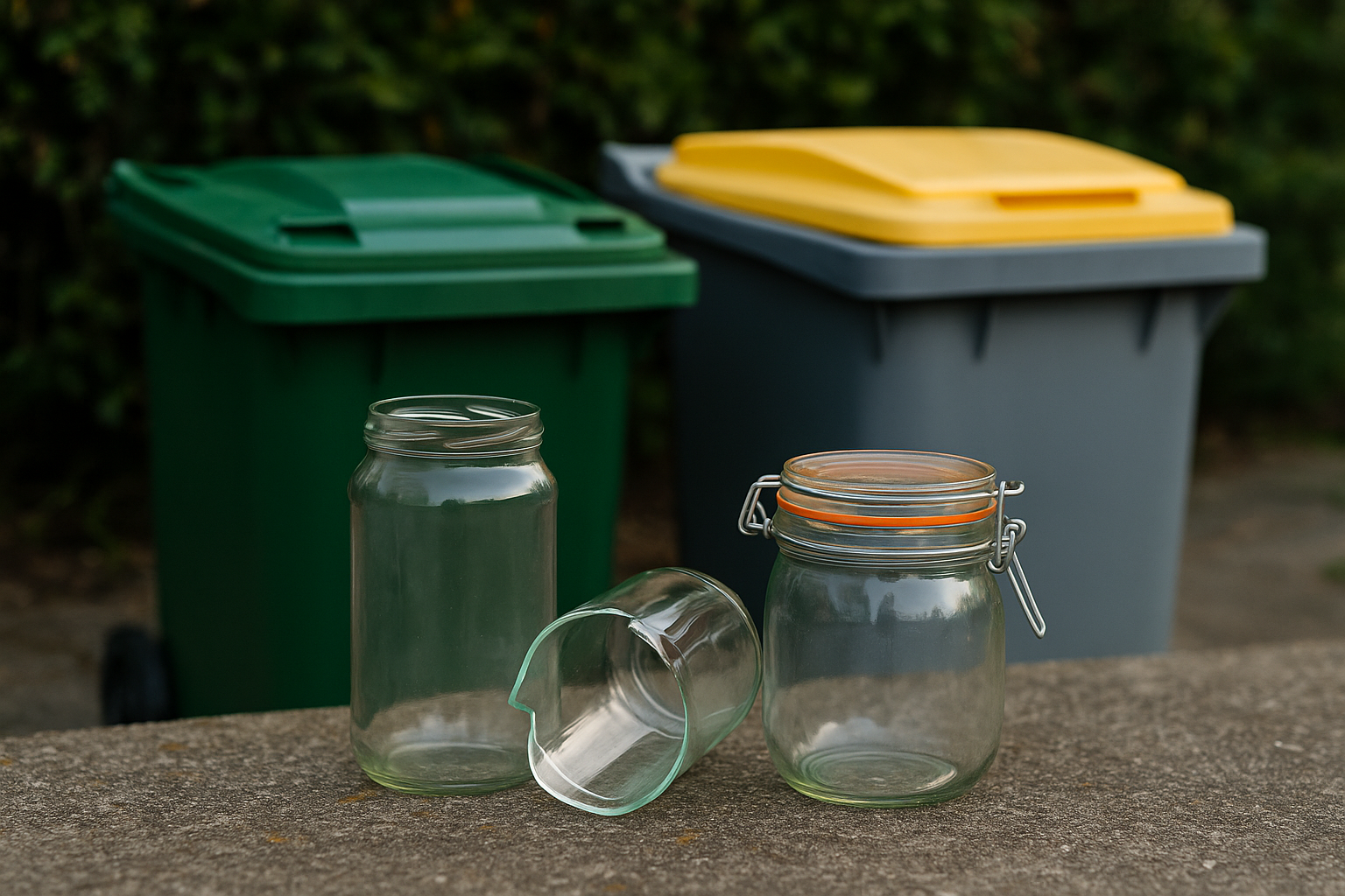 Poubelles et bocaux en verre