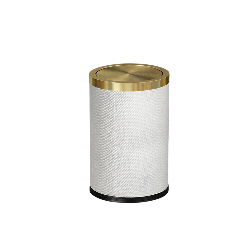 Poubelle ronde design imitation cuir avec couvercle doré