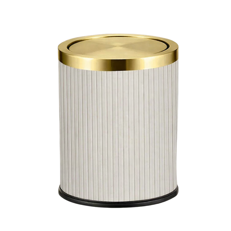 Poubelle ronde design imitation cuir avec couvercle doré