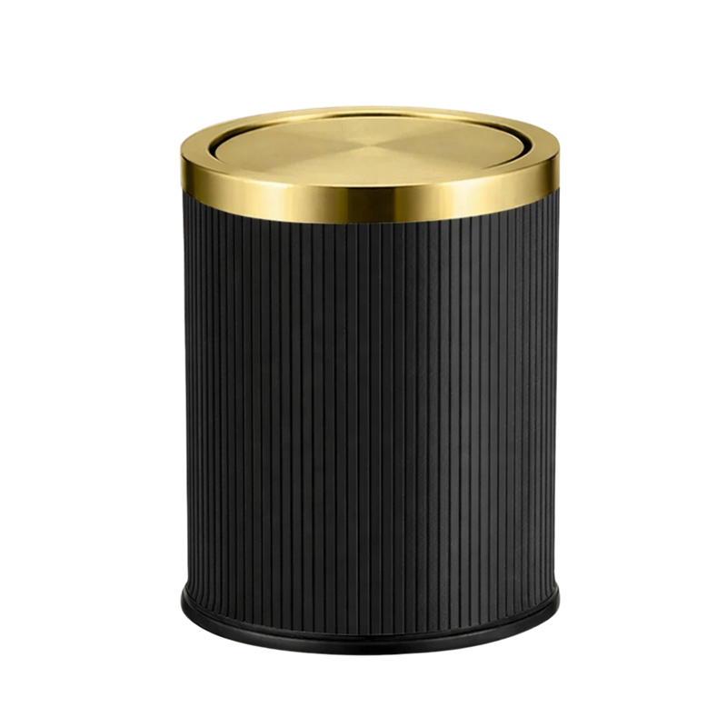 Poubelle ronde design imitation cuir avec couvercle doré