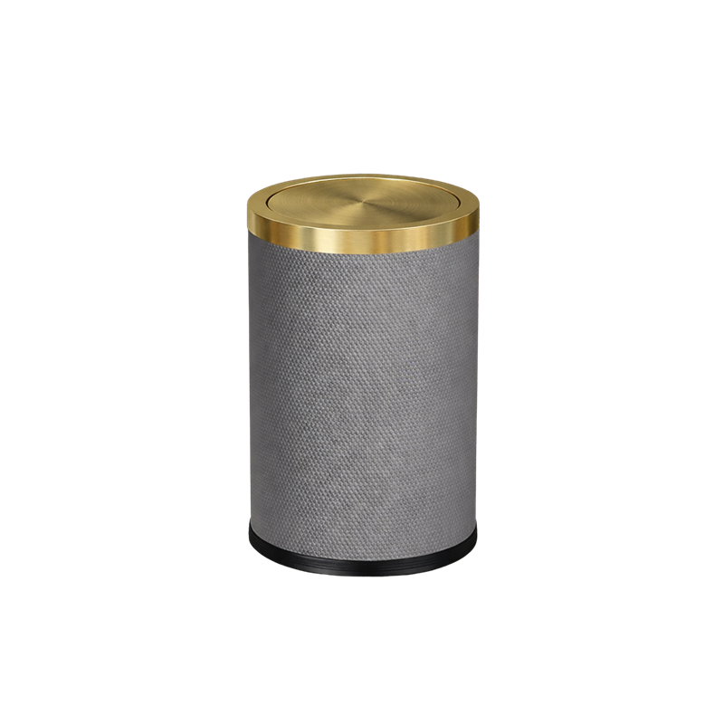 Poubelle ronde design imitation cuir avec couvercle doré