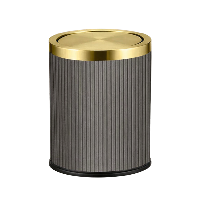 Poubelle ronde design imitation cuir avec couvercle doré