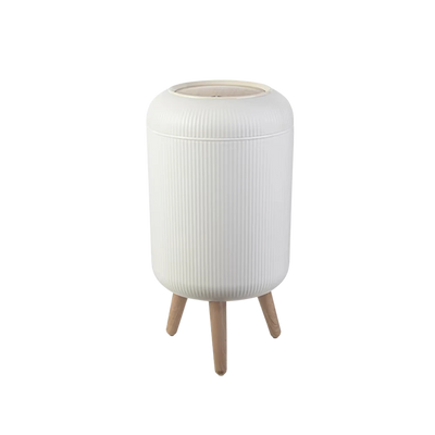 Poubelle sur pied blanche avec couvercle à pression effet bois