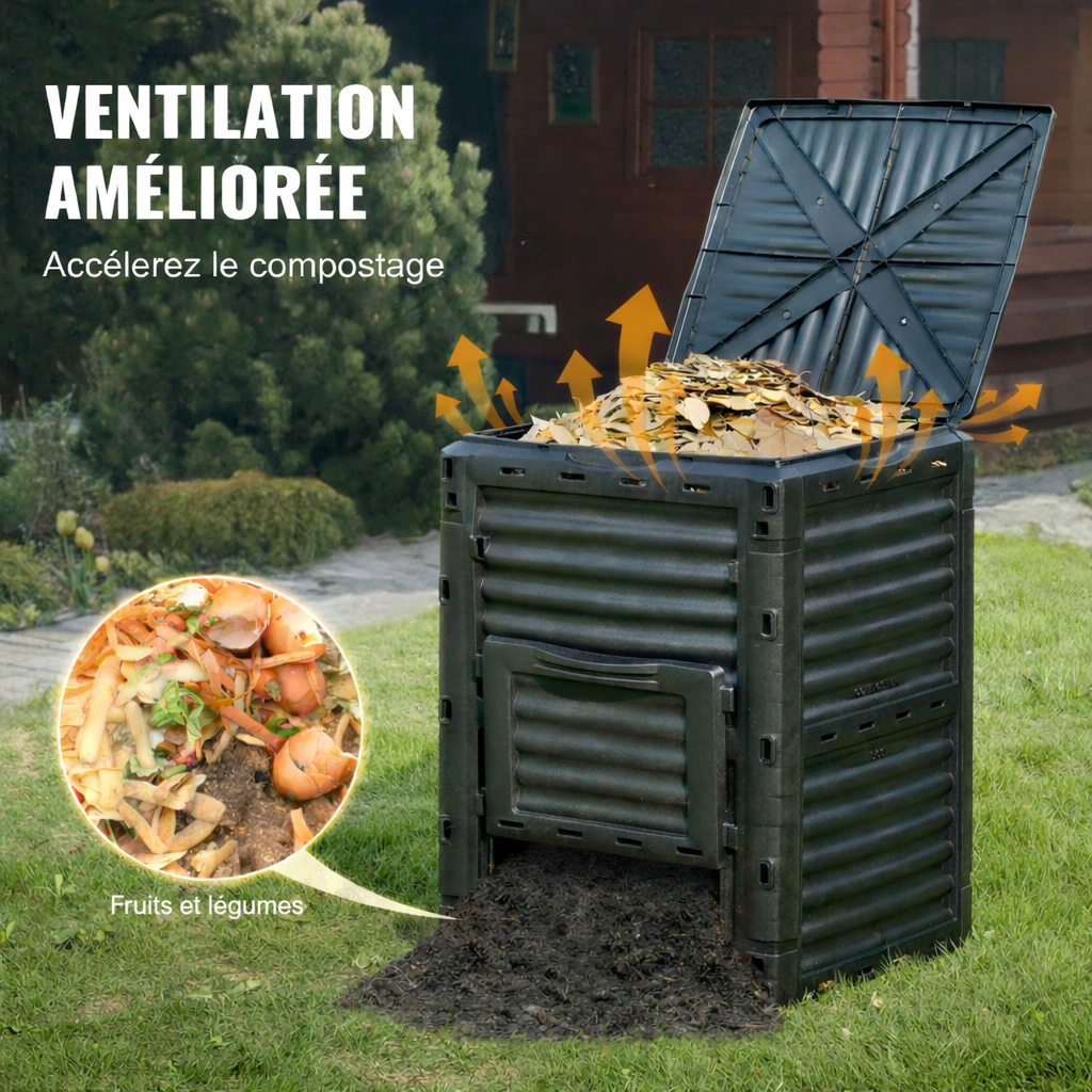 Composteur de jardin de 300L avec couvercle et trappe