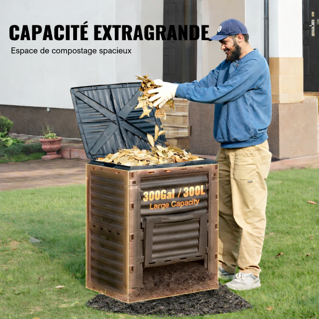 Composteur de jardin de 300L avec couvercle et trappe