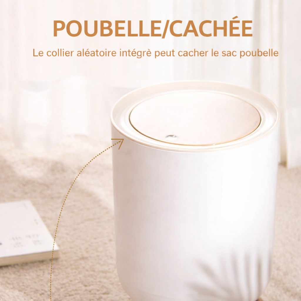 Poubelle sur pied blanche avec couvercle à pression effet bois