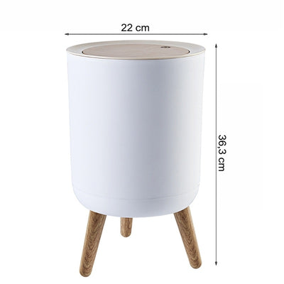 Poubelle sur pied blanche avec couvercle à pression effet bois