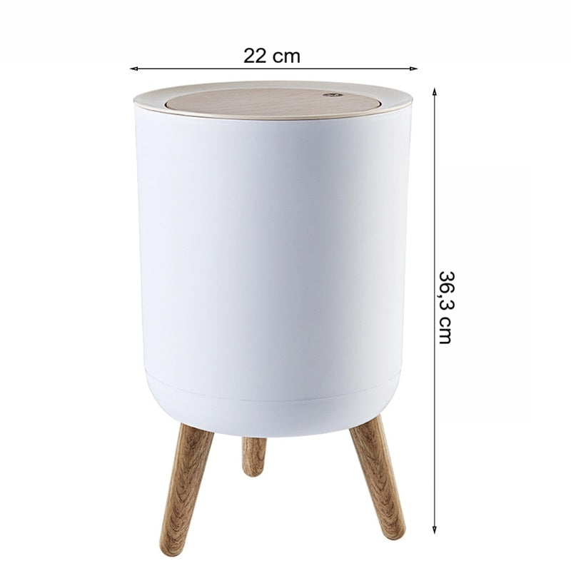 Poubelle sur pied blanche avec couvercle à pression effet bois