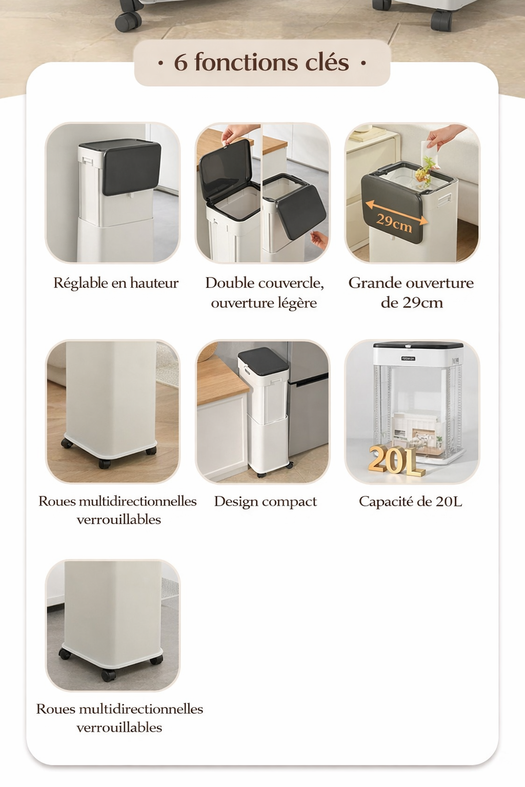Poubelle de cuisine haute à couvercle coulissant