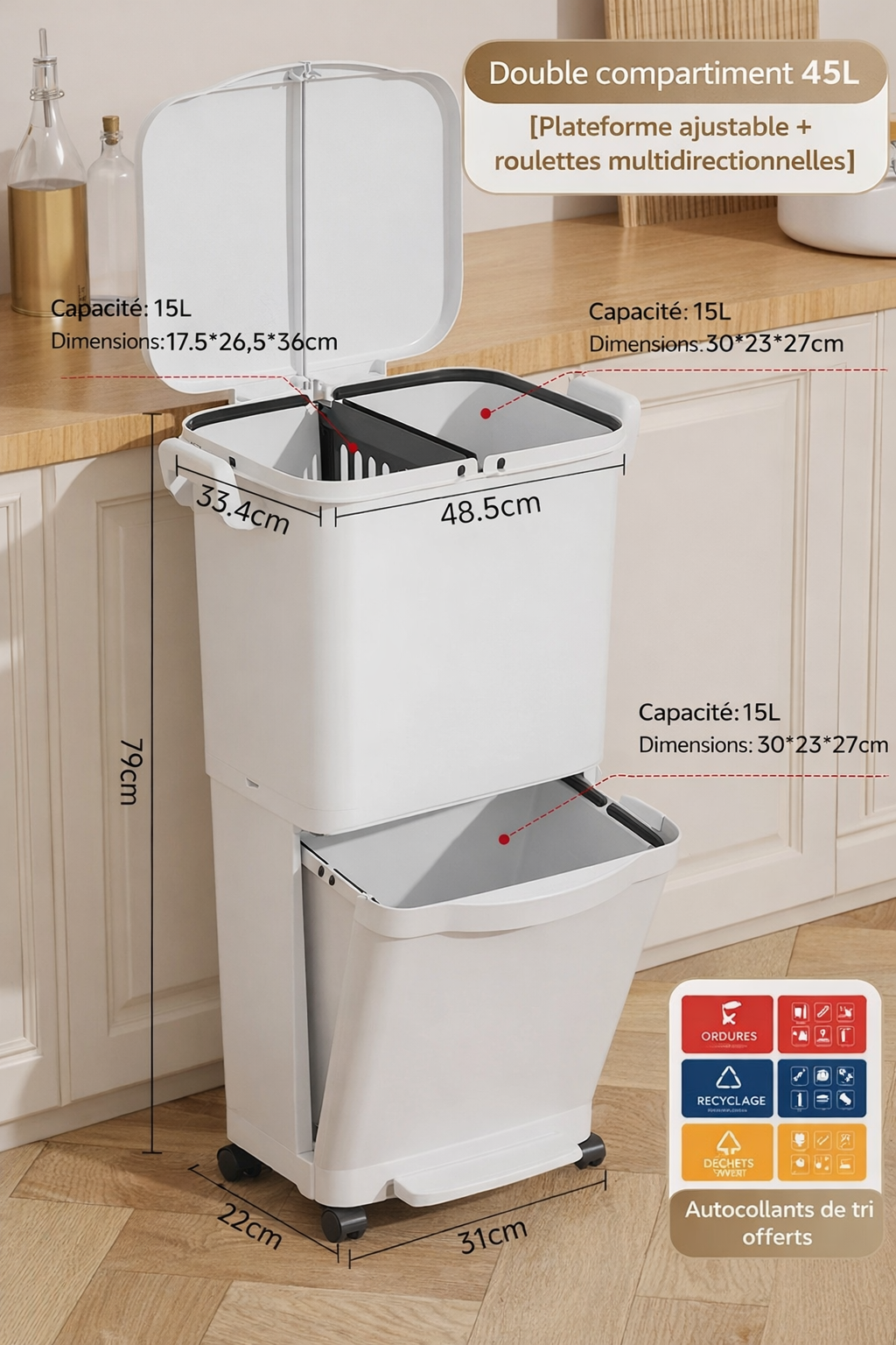 Poubelle de cuisine haute à couvercle coulissant