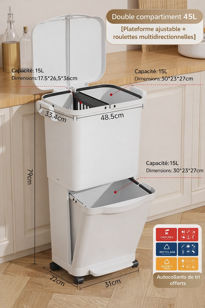 Poubelle de cuisine haute à couvercle coulissant