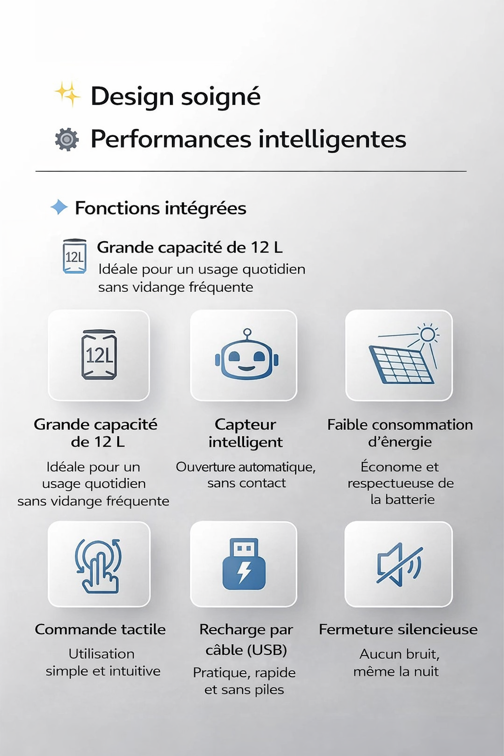 Poubelle rectangulaire automatique sans contact 12L