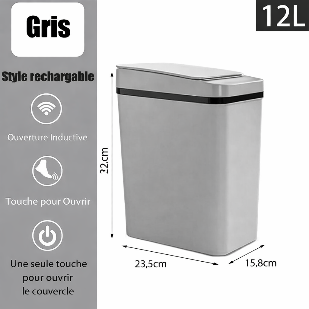 Poubelle rectangulaire automatique sans contact 12L