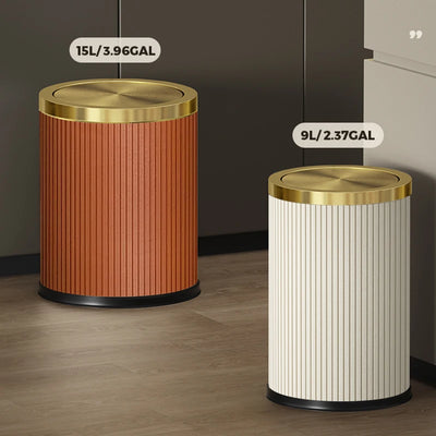 Poubelle ronde design imitation cuir avec couvercle doré