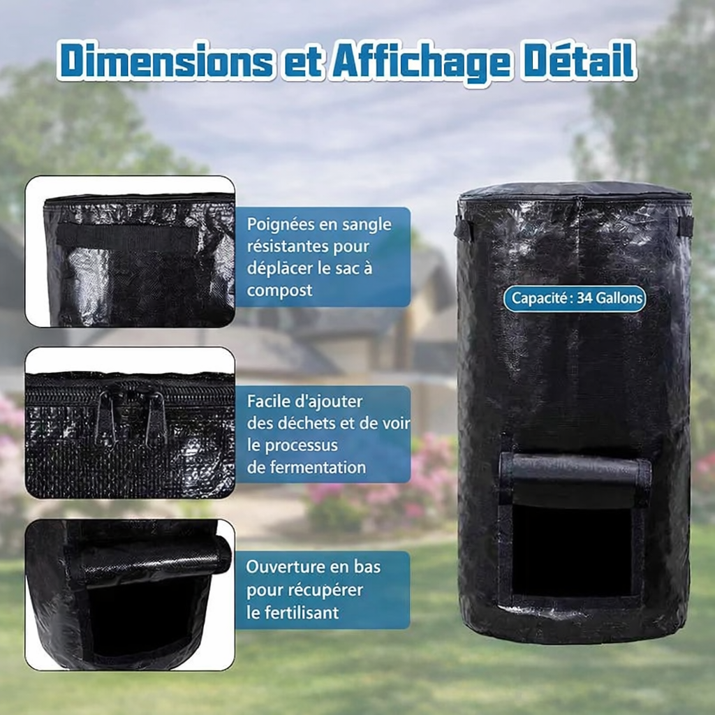 Sac à compost de jardin noir grande capacité 129L