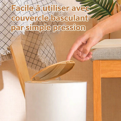 Poubelle sur pied blanche avec couvercle à pression effet bois