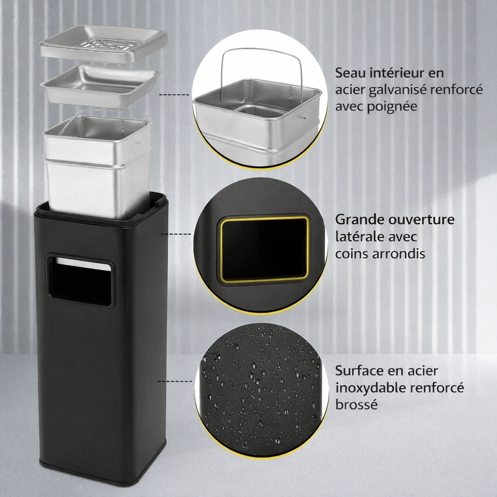 Poubelle carrée design haut en inox avec cendrier intégré