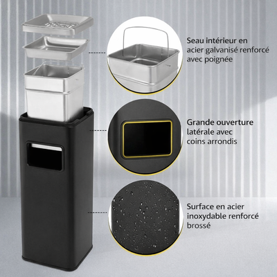 Poubelle carrée design haut en inox avec cendrier intégré