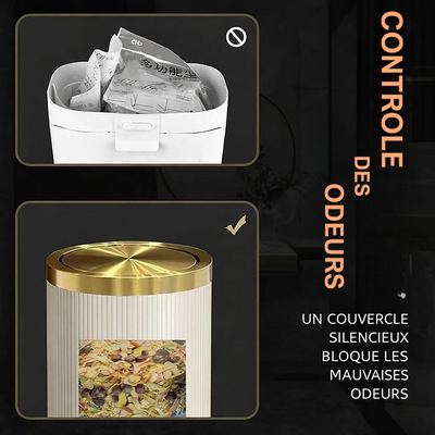 Poubelle ronde design imitation cuir avec couvercle doré