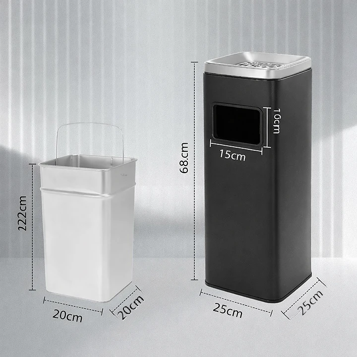 Poubelle carrée design haut en inox avec cendrier intégré