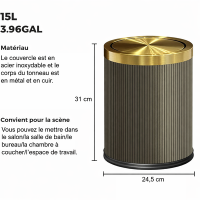 Poubelle ronde design imitation cuir avec couvercle doré