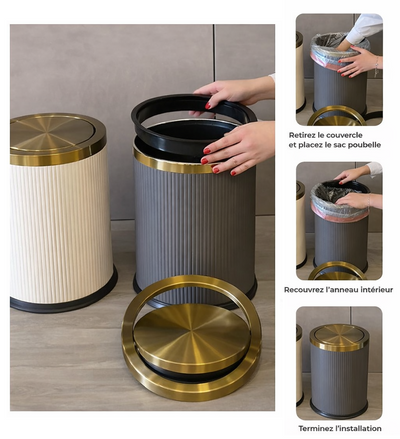 Poubelle ronde design imitation cuir avec couvercle doré