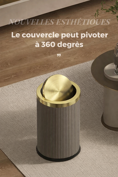 Poubelle ronde design imitation cuir avec couvercle doré