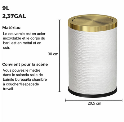 Poubelle ronde design imitation cuir avec couvercle doré