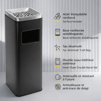 Poubelle carrée design haut en inox avec cendrier intégré