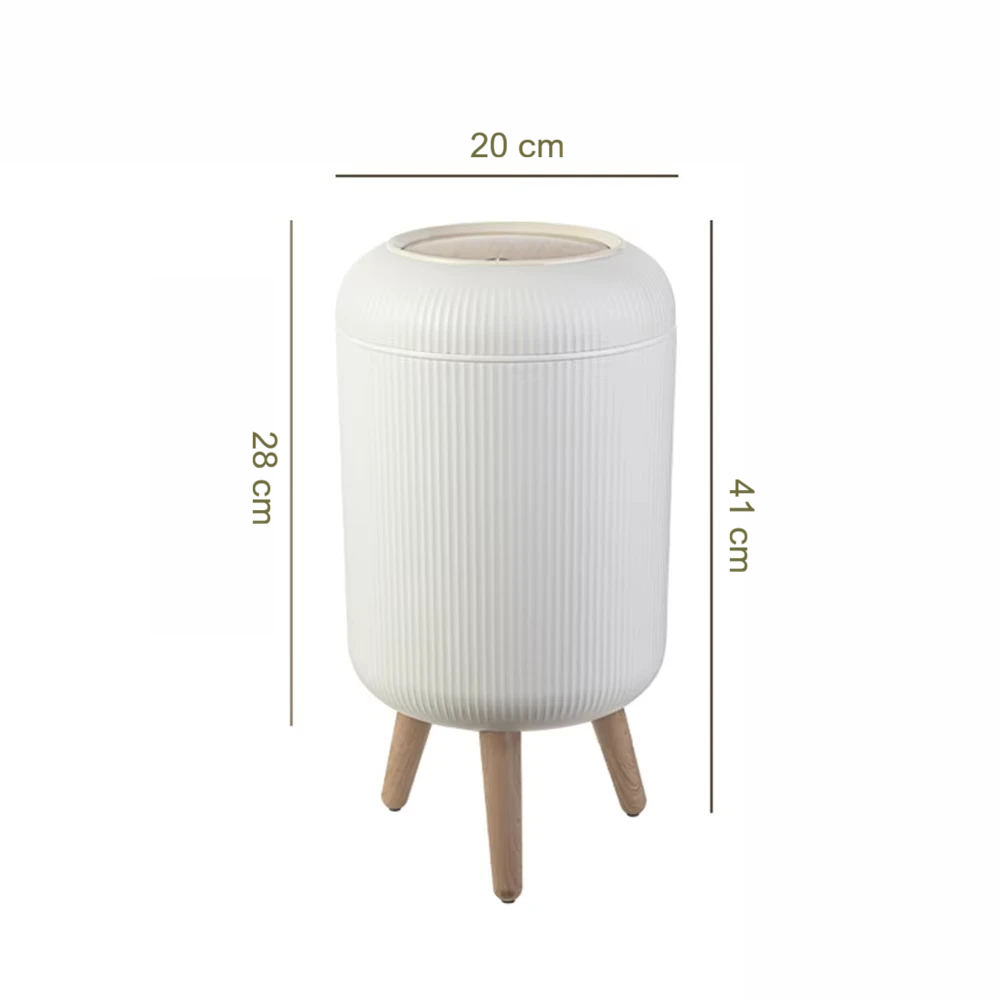 Poubelle sur pied blanche avec couvercle à pression effet bois