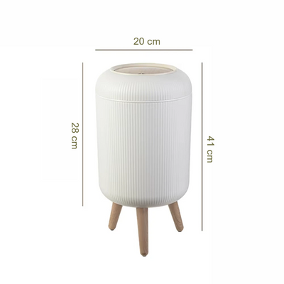 Poubelle sur pied blanche avec couvercle à pression effet bois