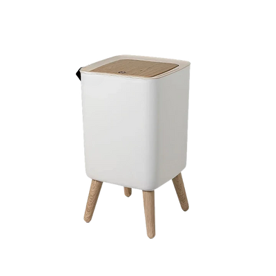 Poubelle sur pied blanche avec couvercle à pression effet bois
