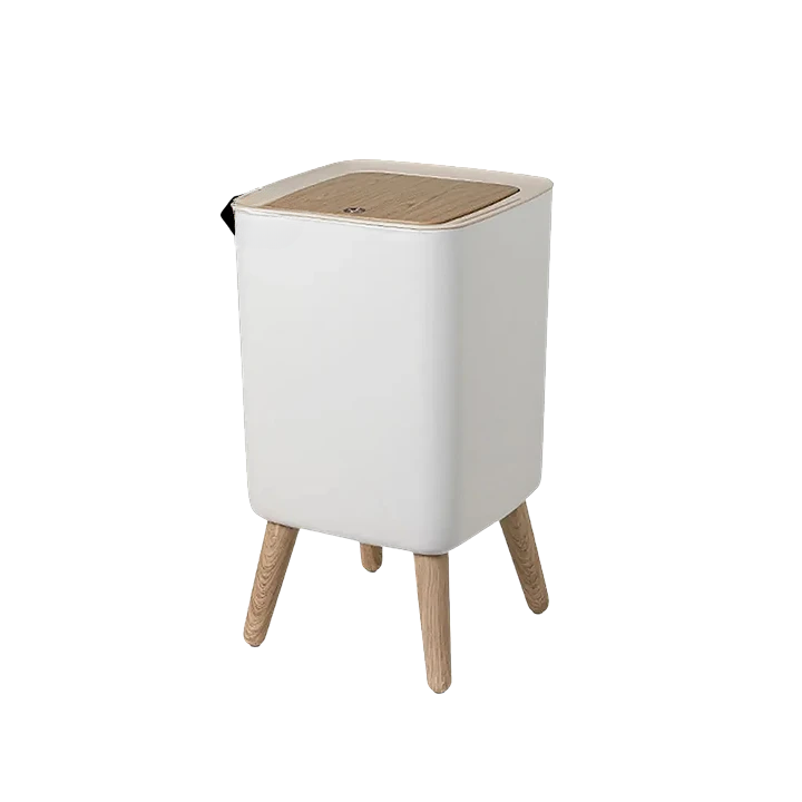 Poubelle sur pied blanche avec couvercle à pression effet bois