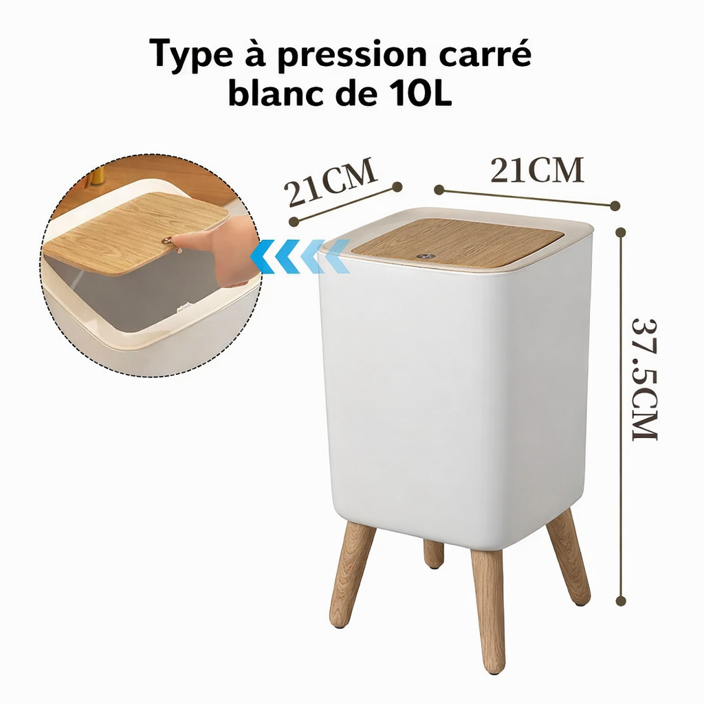 Poubelle sur pied blanche avec couvercle à pression effet bois